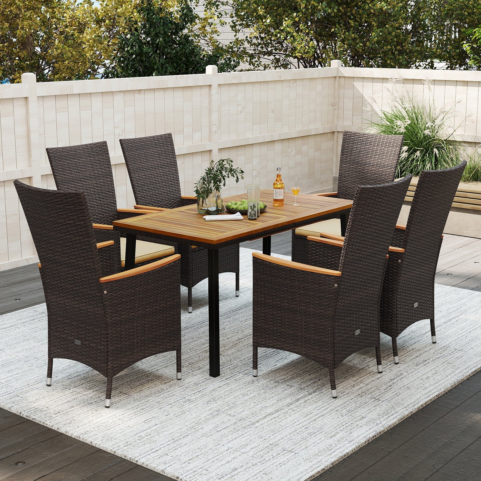 Costway 7-Pc Outdoor Patio Dining Set for 6 Wicker Armchairs Acacia Wood Table 36385210 New