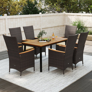 Costway 7-Pc Outdoor Patio Dining Set for 6 Wicker Armchairs Acacia Wood Table 36385210 New