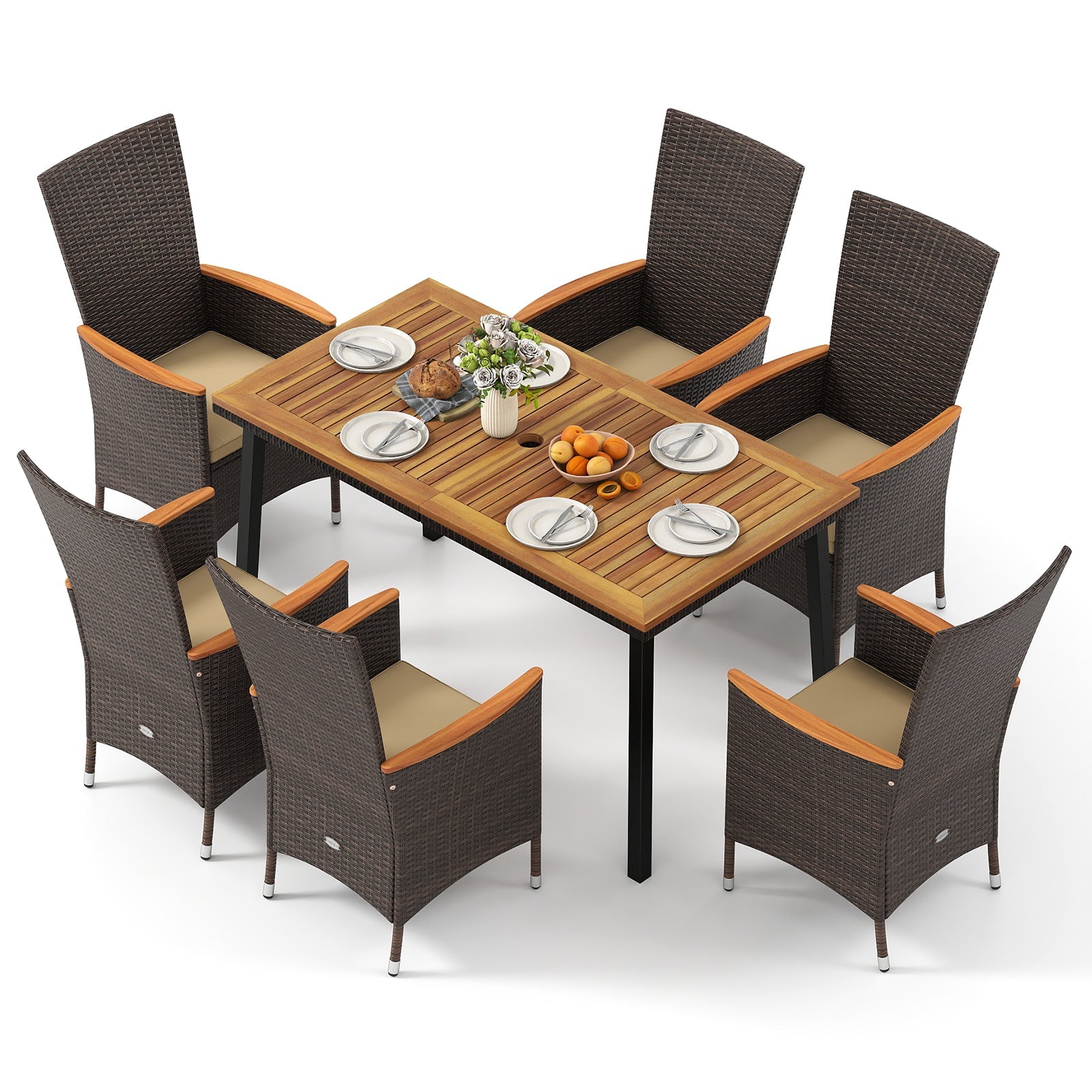Costway 7-Pc Outdoor Patio Dining Set for 6 Wicker Armchairs Acacia Wood Table 36385210 New