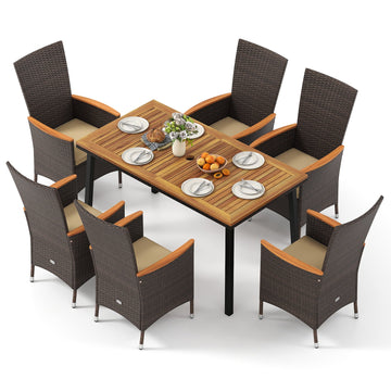 Costway 7-Pc Outdoor Patio Dining Set for 6 Wicker Armchairs Acacia Wood Table 36385210 New