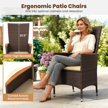 Costway 7-Pc Outdoor Patio Dining Set for 6 Wicker Armchairs Acacia Wood Table 36385210 New