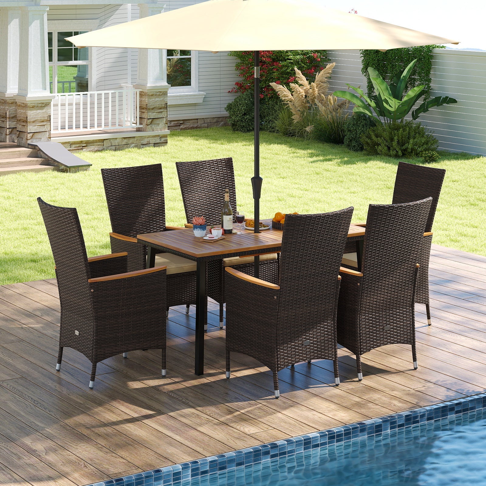 Costway 7-Pc Outdoor Patio Dining Set for 6 Wicker Armchairs Acacia Wood Table 36385210 New