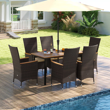 Costway 7-Pc Outdoor Patio Dining Set for 6 Wicker Armchairs Acacia Wood Table 36385210 New