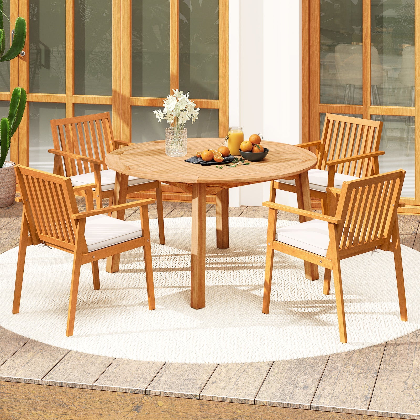Costway 5-Pc Acacia Wood Patio Dining Set w/ Umbrella Hole 11221443 New