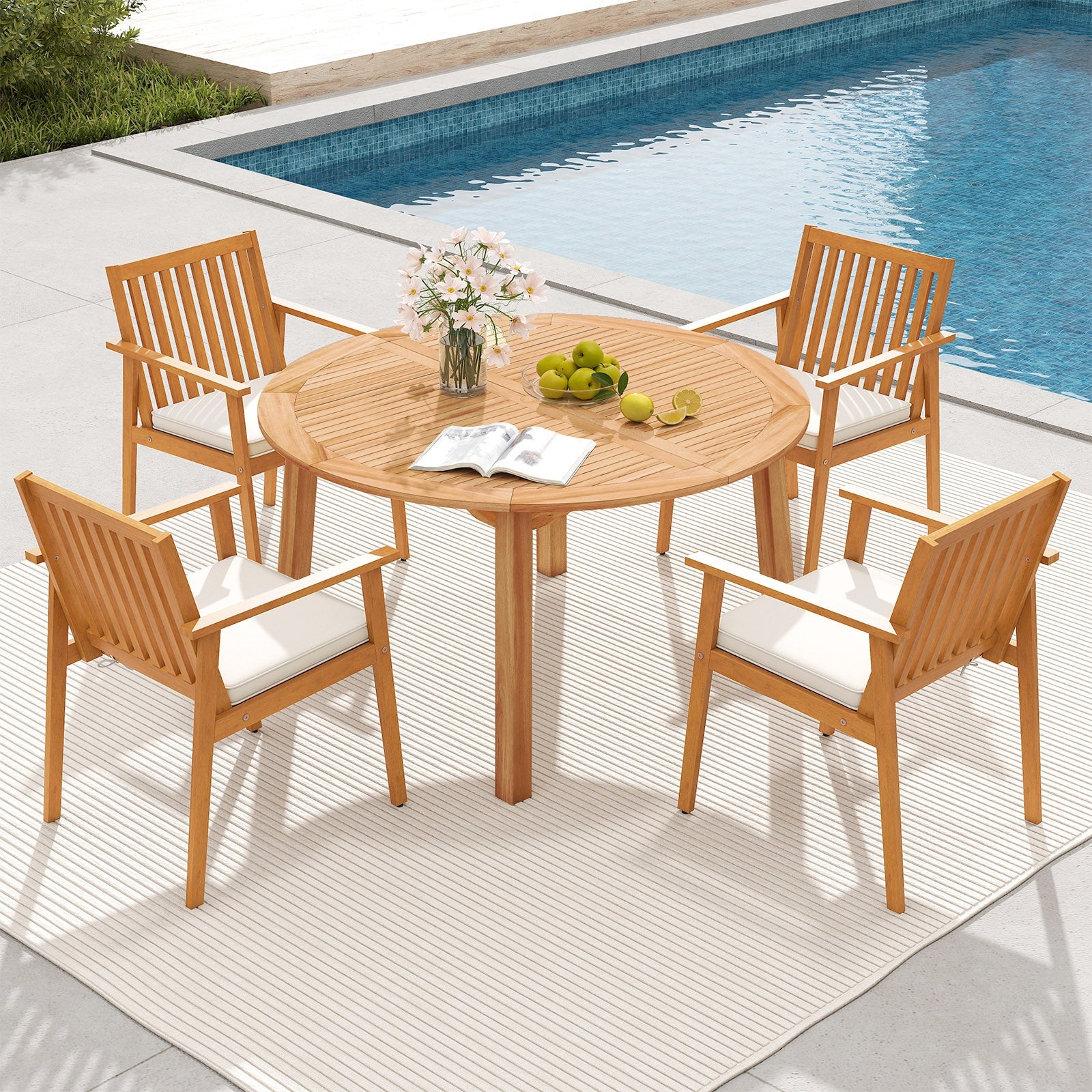 Costway 5-Pc Acacia Wood Patio Dining Set w/ Umbrella Hole 11221443 New