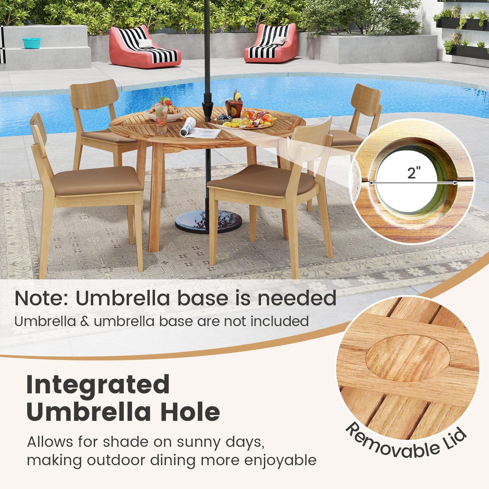 Costway 5-Pc Acacia Wood Patio Dining Set w/ Umbrella Hole 11221443 New