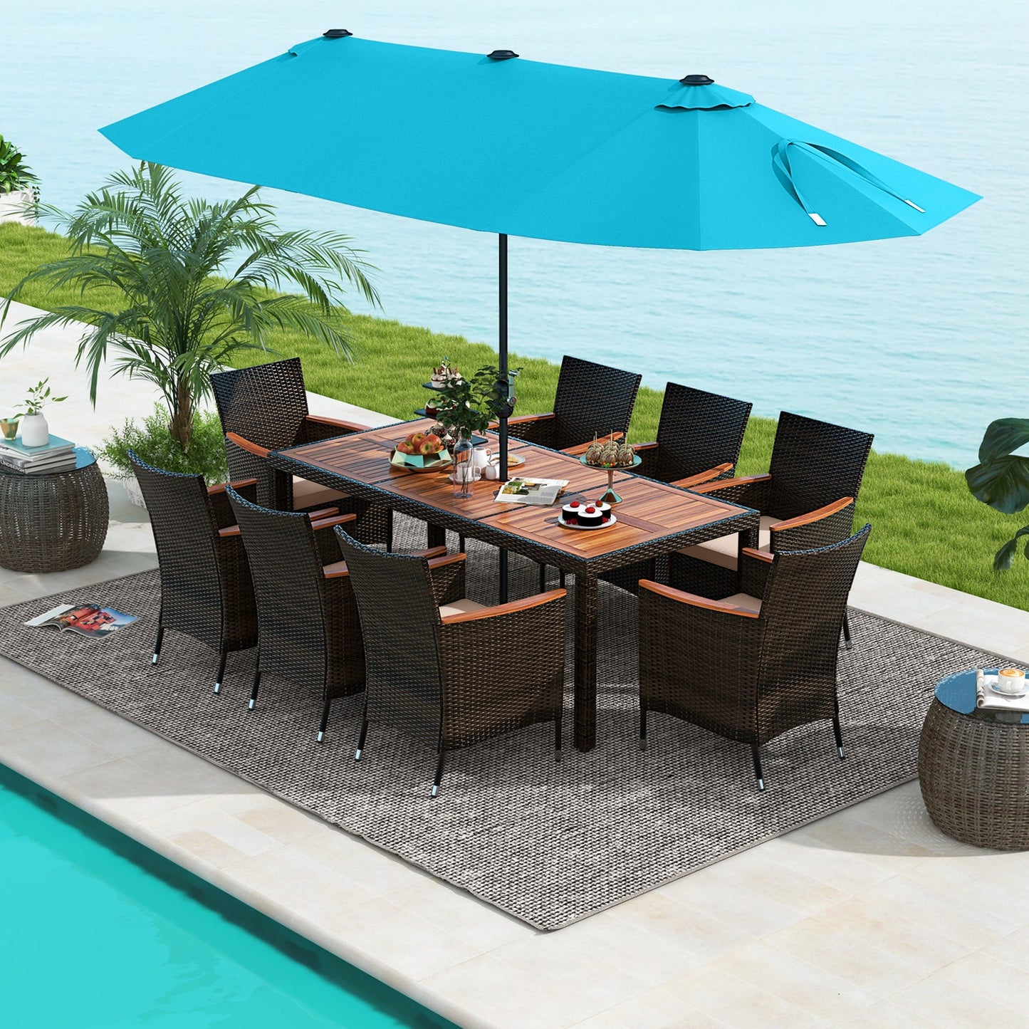 Costway 11-Pc Patio Dining Set w/ 15' Double-Sided Umbrella & 8 Stackable Rattan Chairs 25652813 New