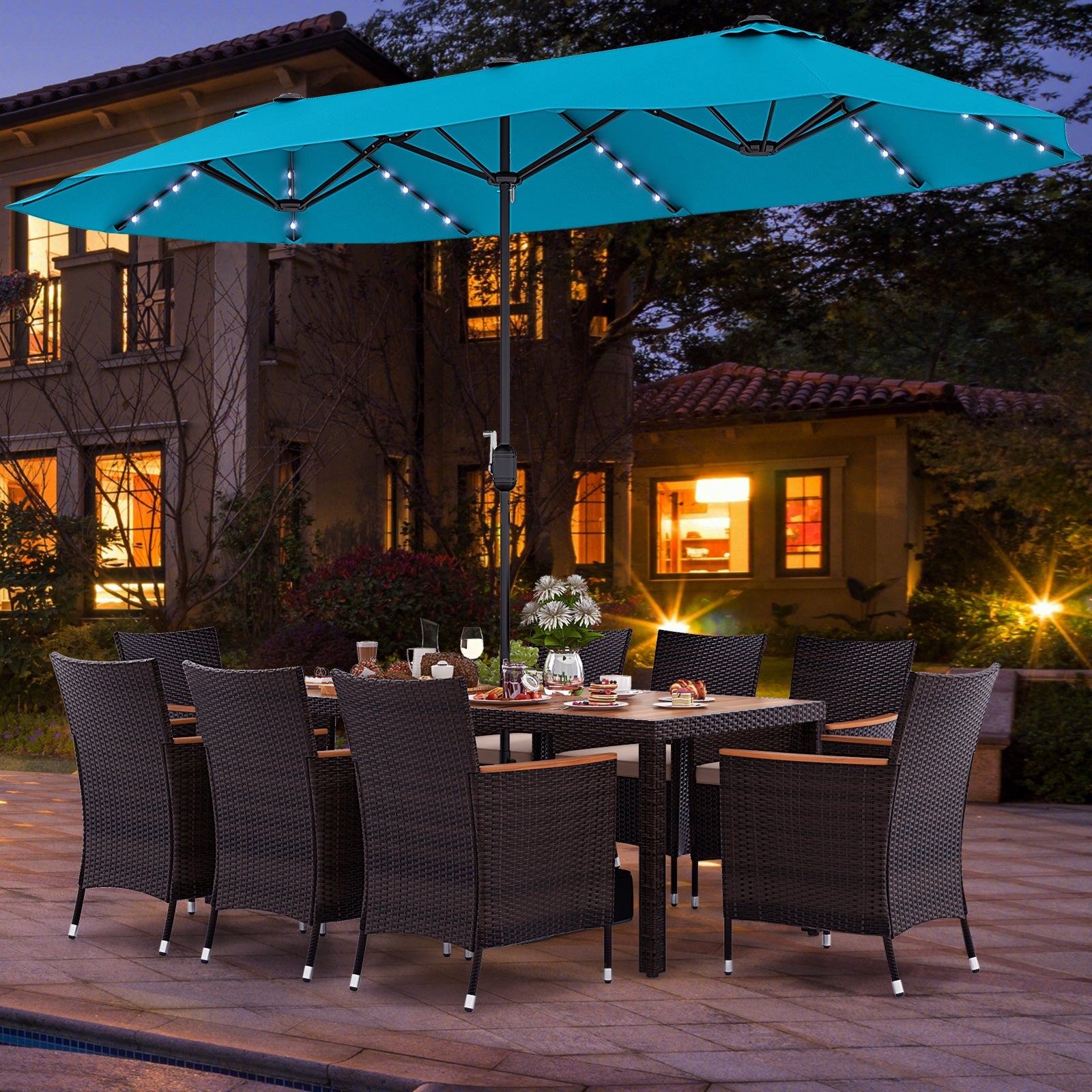 Costway 11-Pc Patio Dining Set w/ 15' Double-Sided Umbrella & 8 Stackable Rattan Chairs 25652813 New