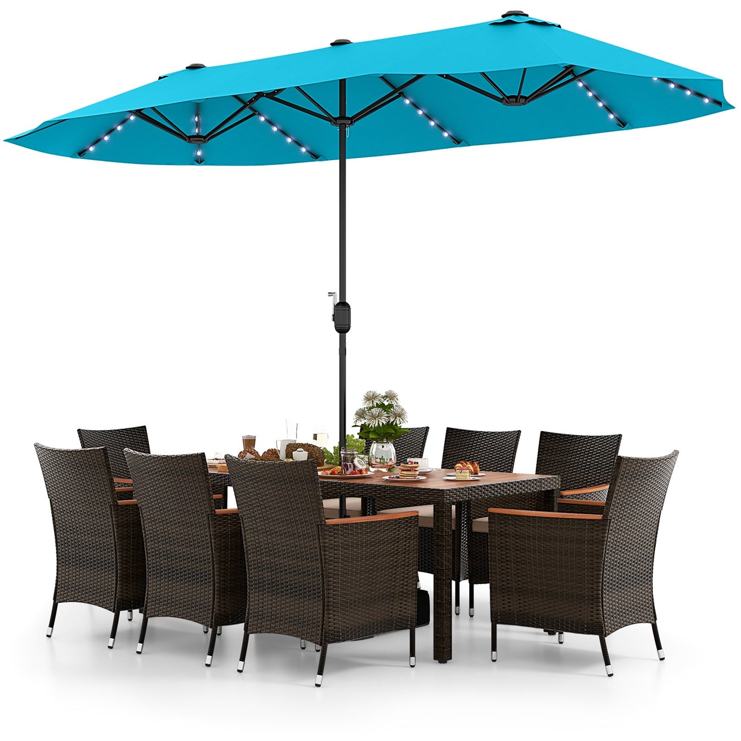 Costway 11-Pc Patio Dining Set w/ 15' Double-Sided Umbrella & 8 Stackable Rattan Chairs 25652813 New