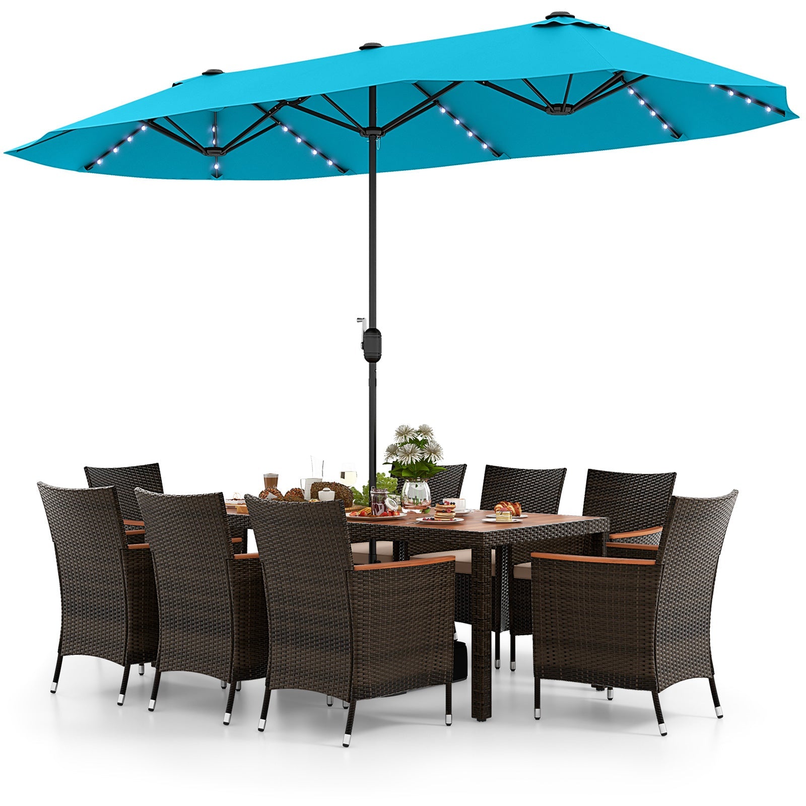 Costway 11-Pc Patio Dining Set w/ 15' Double-Sided Umbrella & 8 Stackable Rattan Chairs 25652813 New