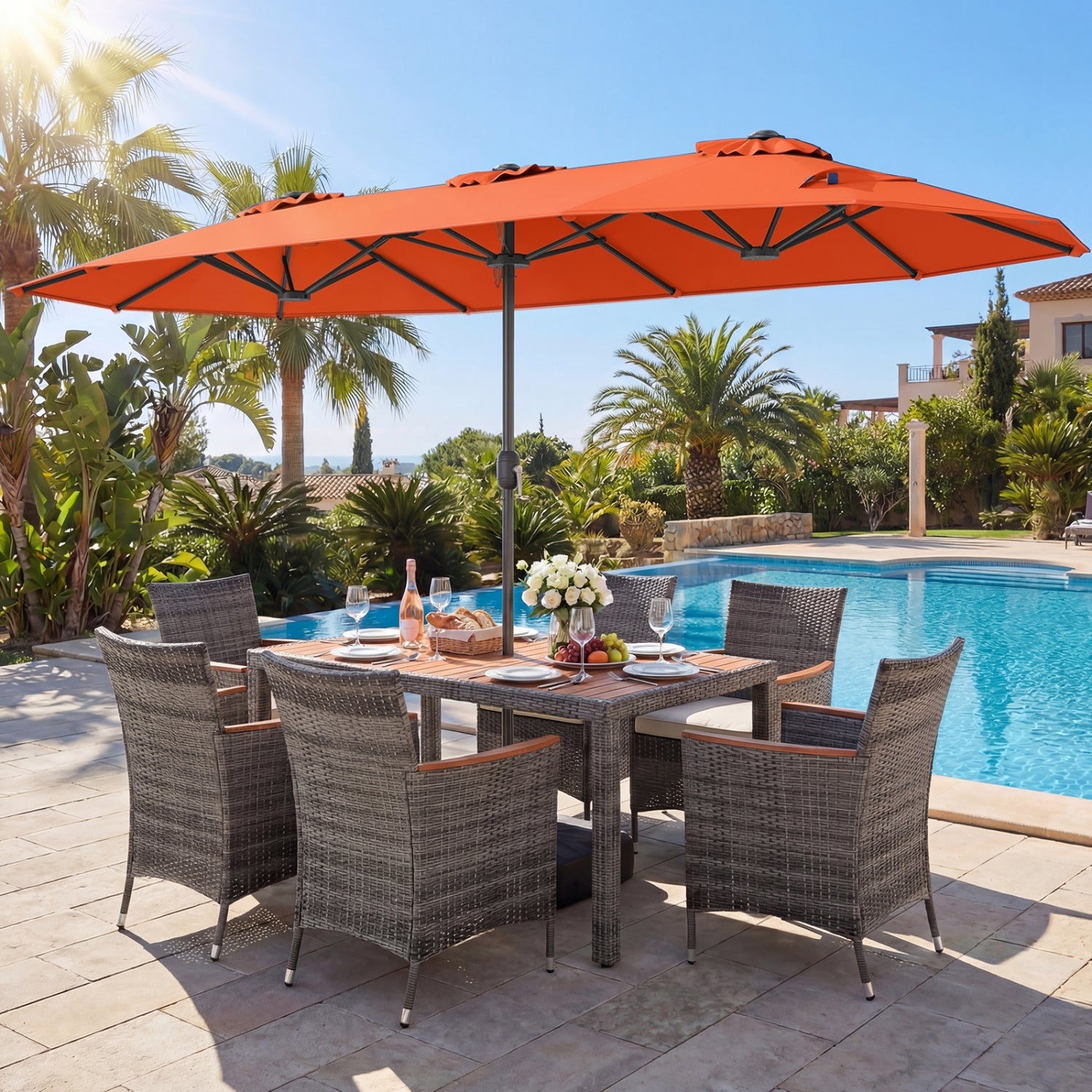 Costway 8-Piece Patio Dining Set w/ Double-Sided Market Umbrella Orange 58234818 New