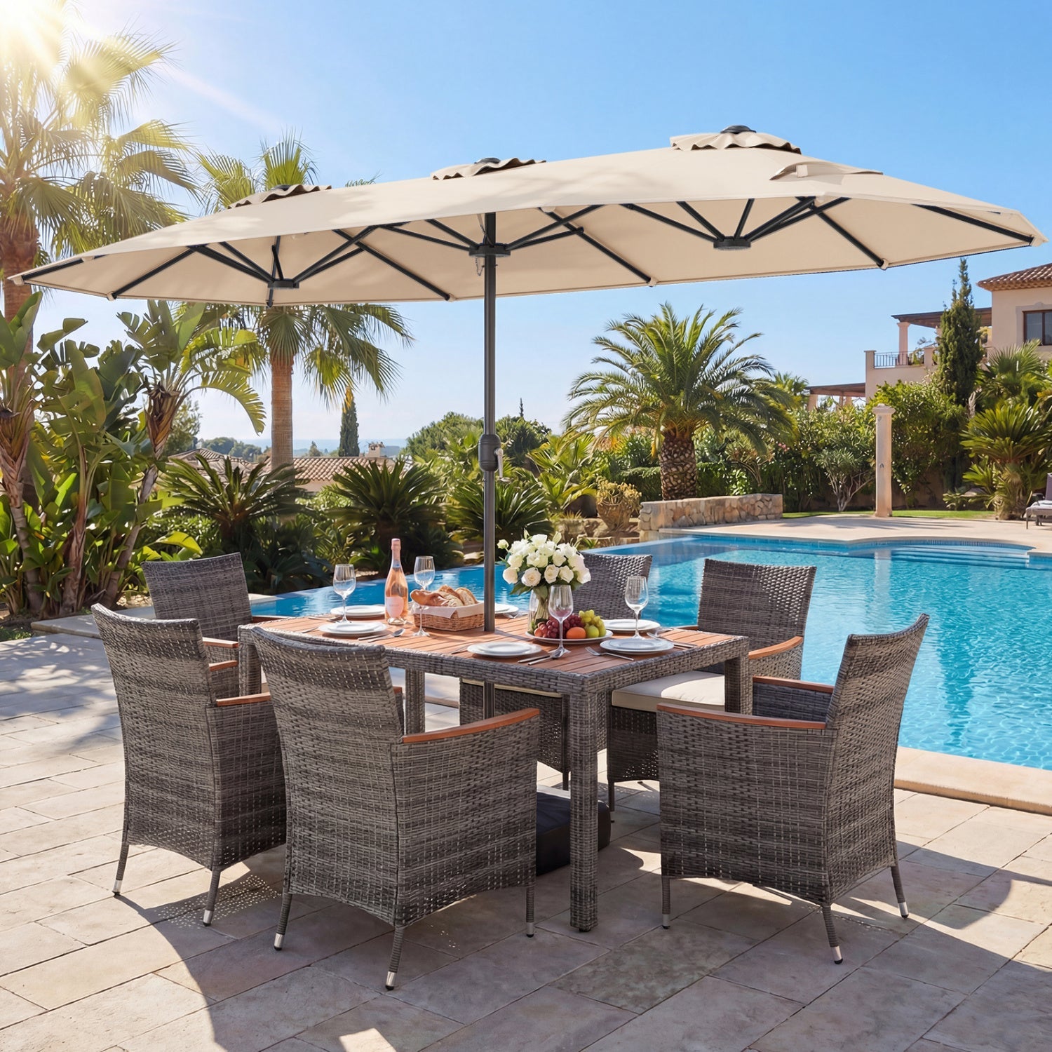 Costway 8-Piece Patio Dining Set w/ Double-Sided Market Umbrella Orange 58234818 New