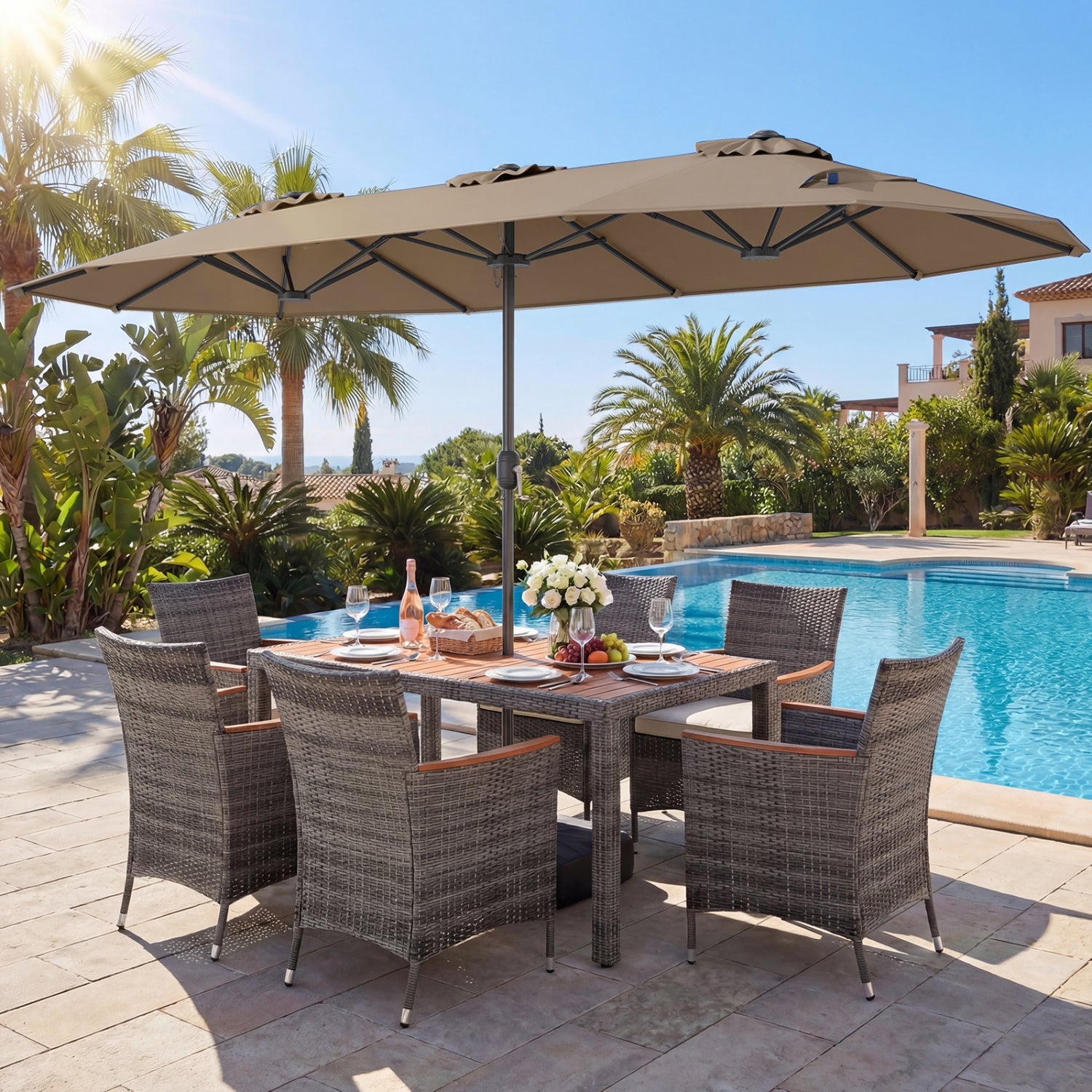 Costway 8-Piece Patio Dining Set w/ Double-Sided Market Umbrella Orange 58234818 New
