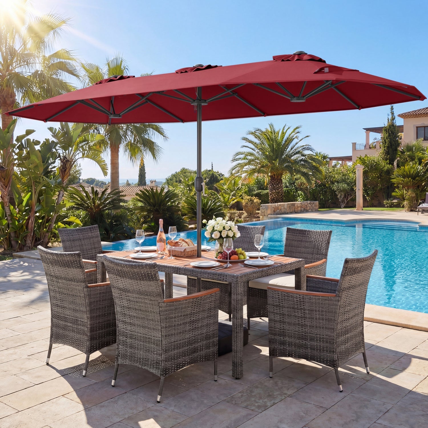 Costway 8-Piece Patio Dining Set w/ Double-Sided Market Umbrella Orange 58234818 New