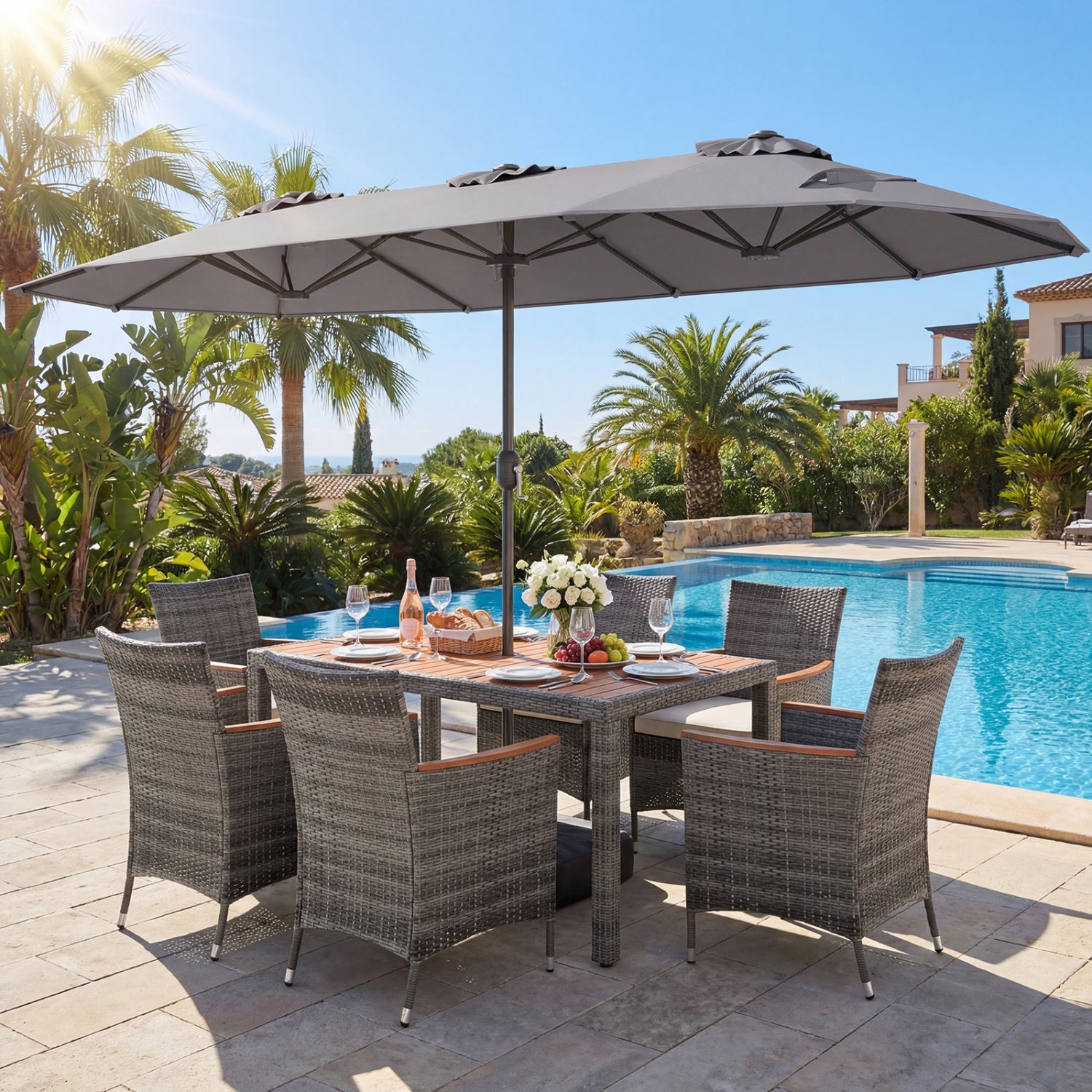 Costway 8-Piece Patio Dining Set w/ Double-Sided Market Umbrella Orange 58234818 New