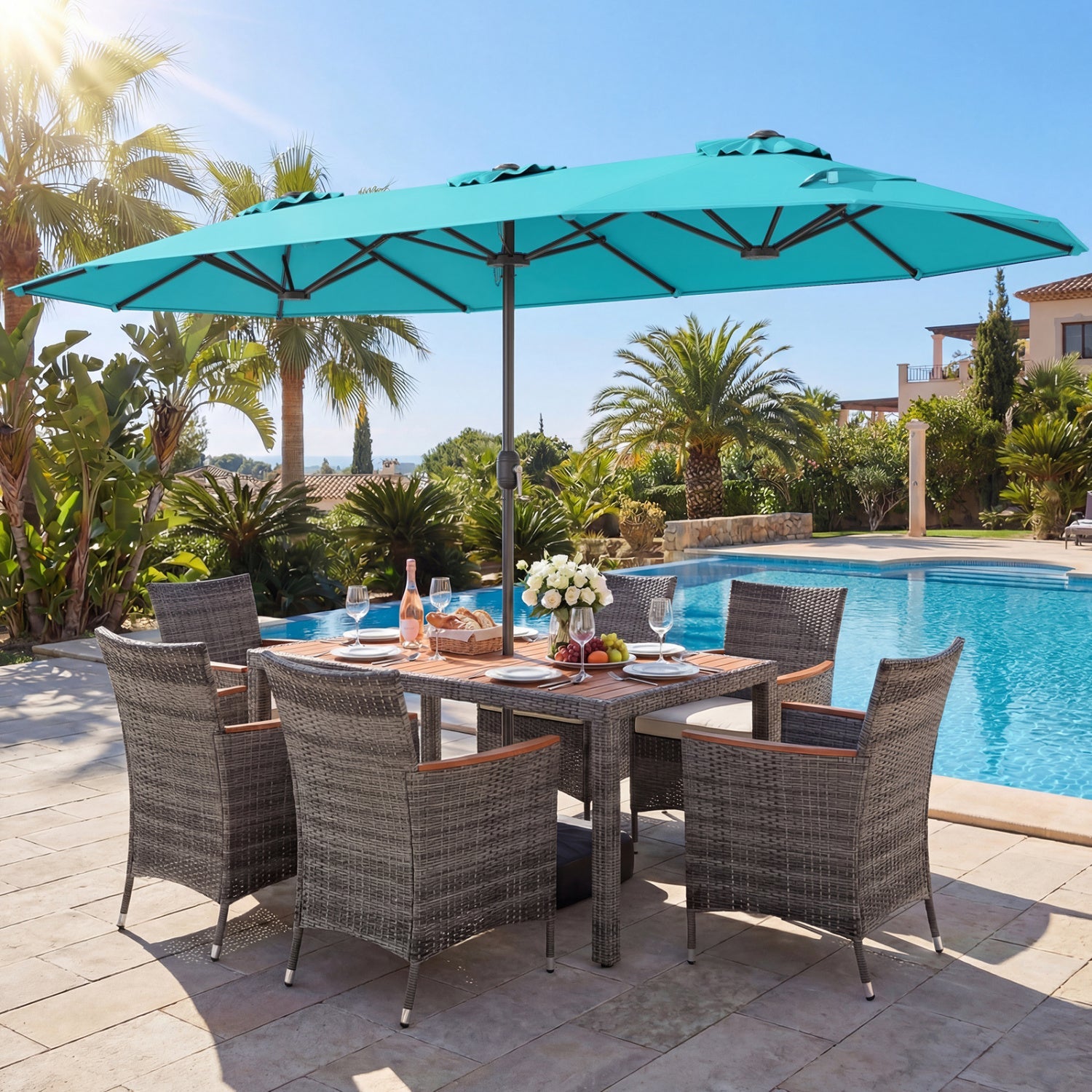 Costway 8-Piece Patio Dining Set w/ Double-Sided Market Umbrella Orange 58234818 New