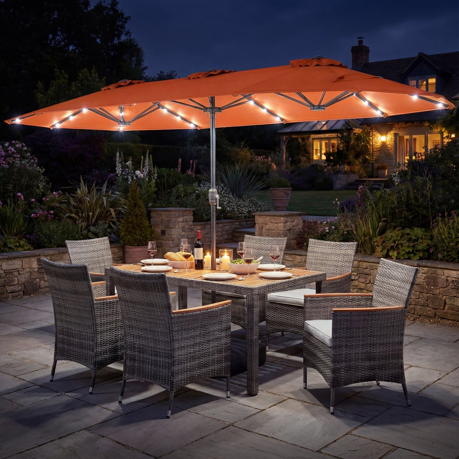 Costway 8-Pc Outdoor Wicker Dining Furniture Set w/ 13.5' Double-Sided Patio Umbrella Orange 23672016 New