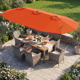 Costway 8-Pc Outdoor Wicker Dining Furniture Set w/ 13.5' Double-Sided Patio Umbrella Orange 23672016 New