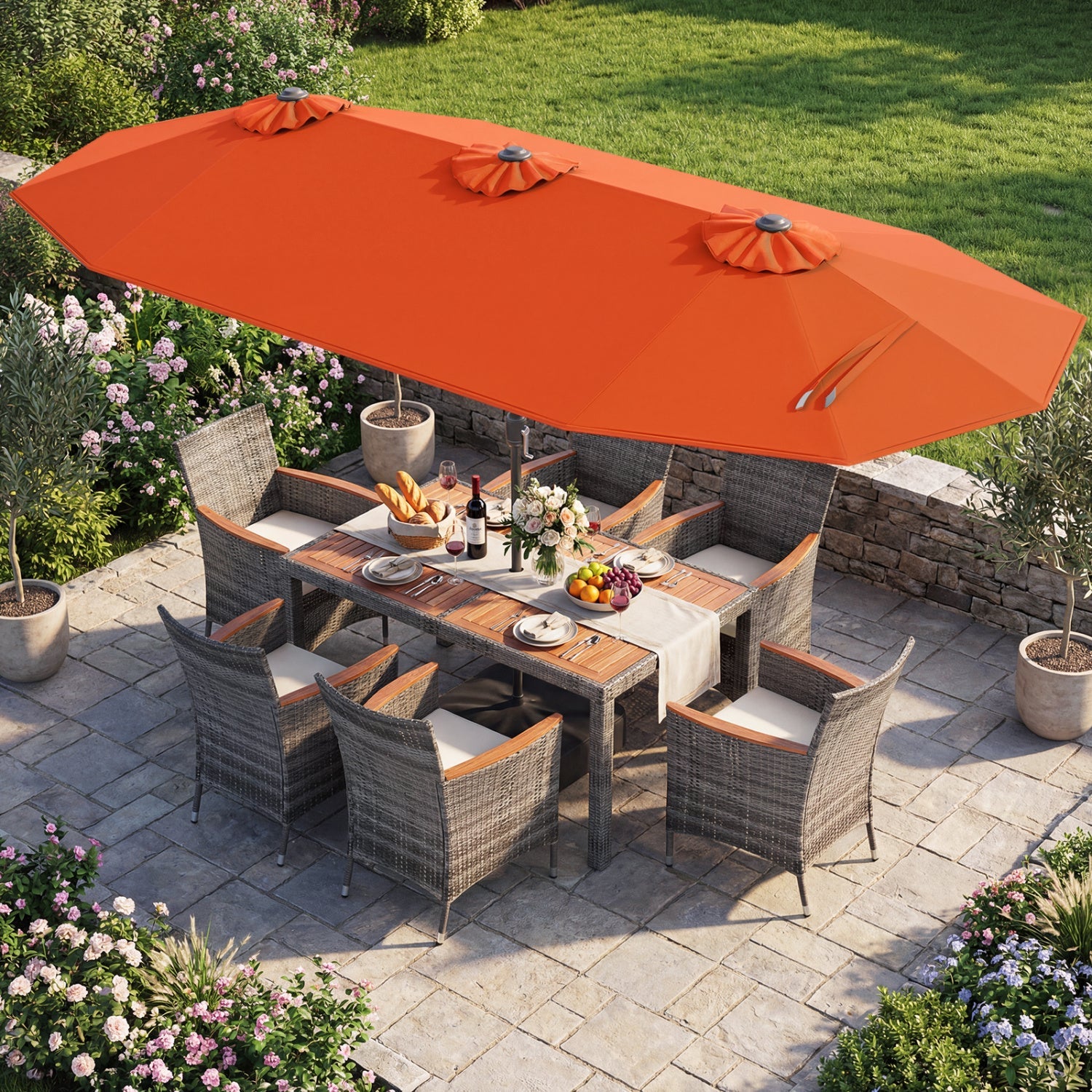 Costway 8-Pc Outdoor Wicker Dining Furniture Set w/ 13.5' Double-Sided Patio Umbrella Orange 23672016 New
