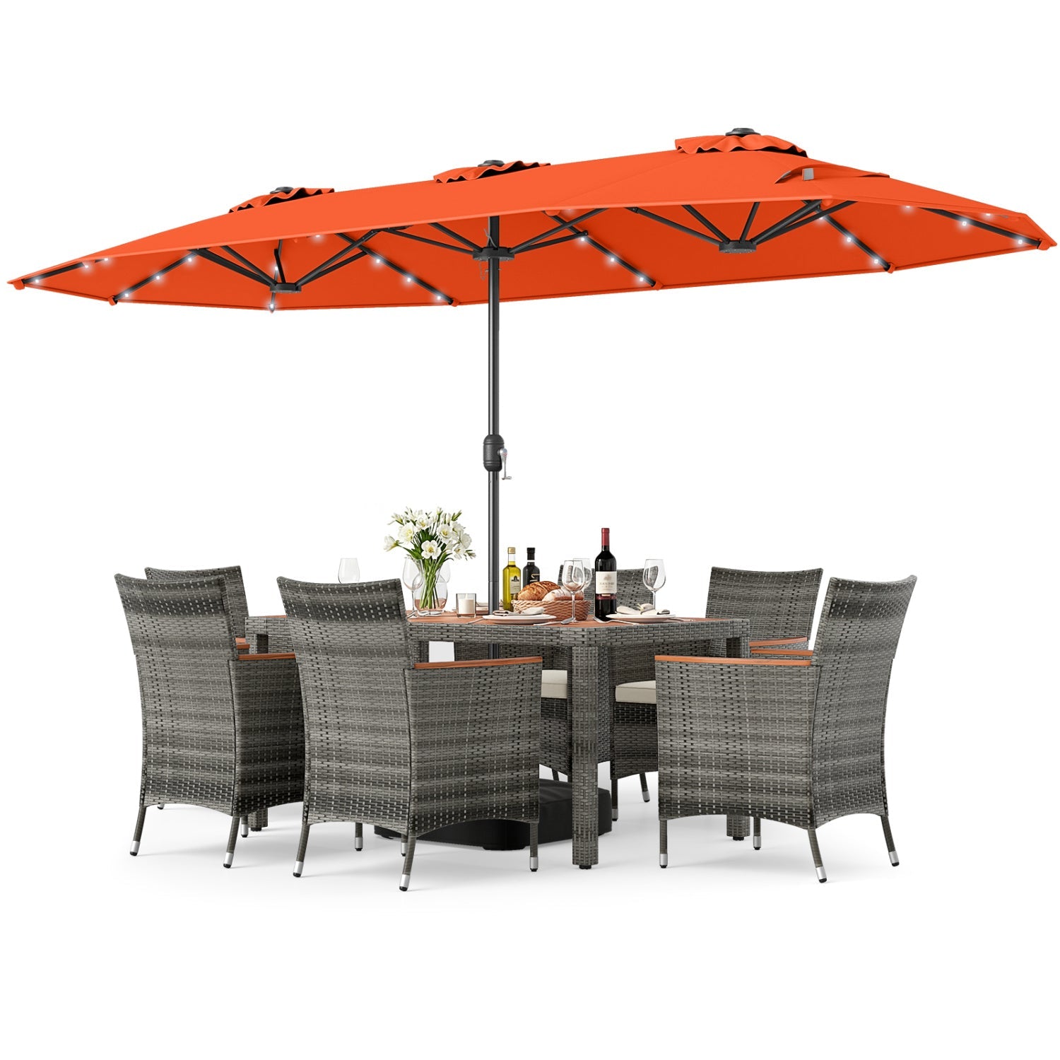 Costway 8-Pc Outdoor Wicker Dining Furniture Set w/ 13.5' Double-Sided Patio Umbrella Orange 23672016 New