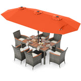 Costway 8-Pc Outdoor Wicker Dining Furniture Set w/ 13.5' Double-Sided Patio Umbrella Orange 23672016 New