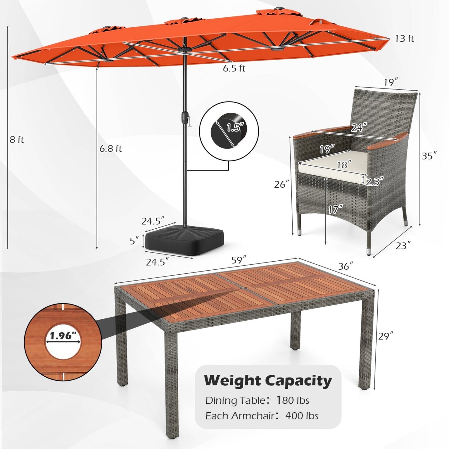 Costway 8-Pc Outdoor Wicker Dining Furniture Set w/ 13.5' Double-Sided Patio Umbrella Orange 23672016 New