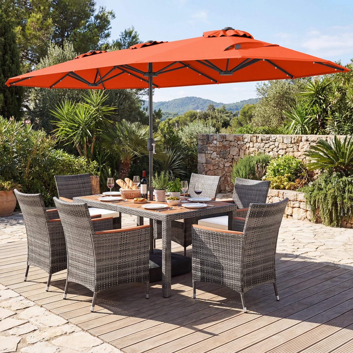 Costway 8-Pc Outdoor Wicker Dining Furniture Set w/ 13.5' Double-Sided Patio Umbrella Orange 23672016 New