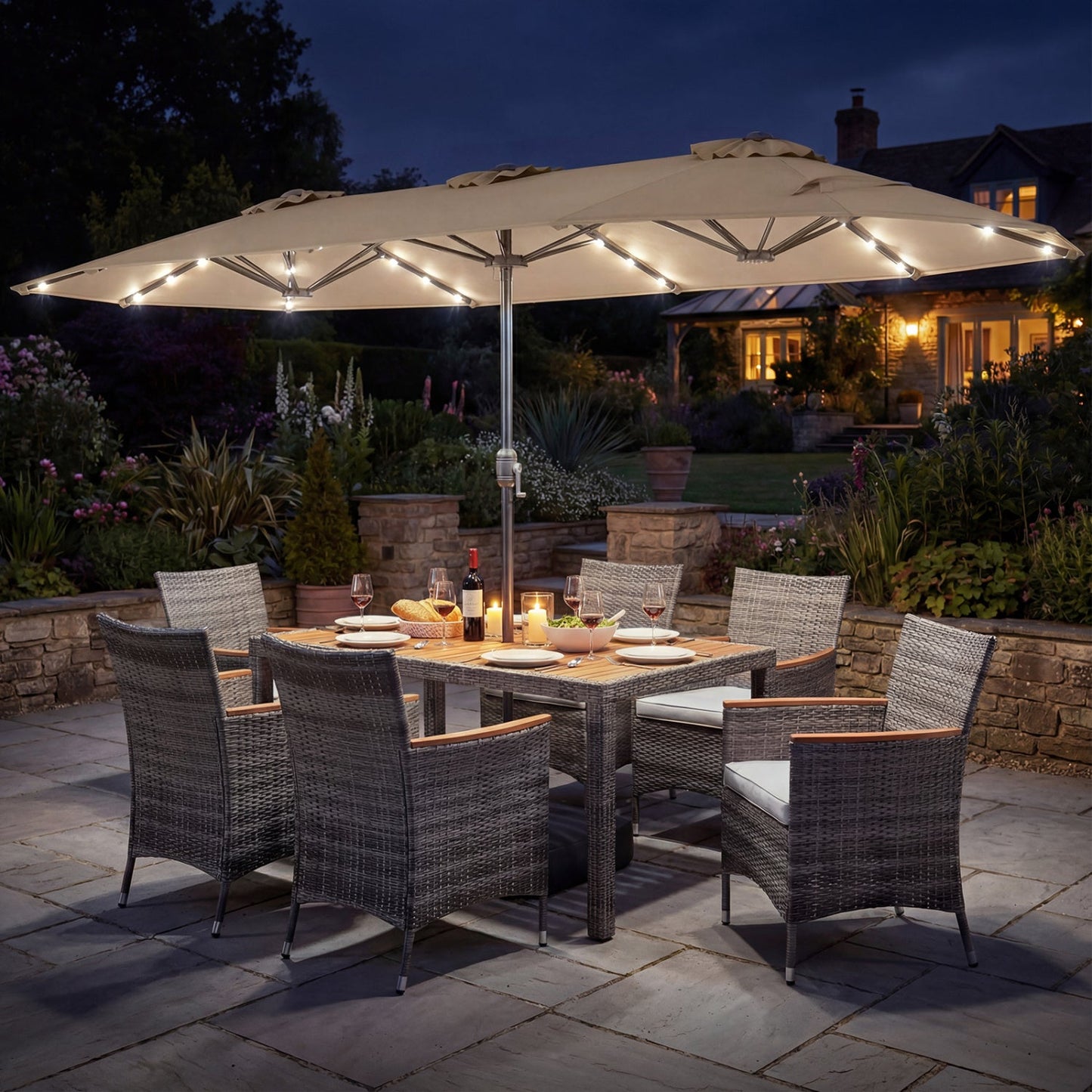 Costway 8-Pc Outdoor Wicker Dining Furniture Set w/ 13.5' Double-Sided Patio Umbrella Orange 23672016 New