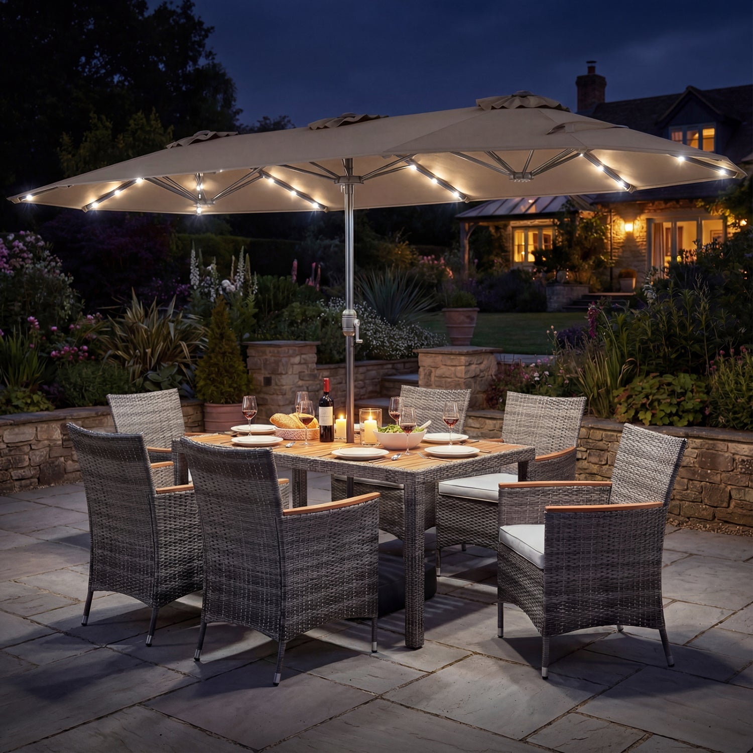 Costway 8-Pc Outdoor Wicker Dining Furniture Set w/ 13.5' Double-Sided Patio Umbrella Orange 23672016 New