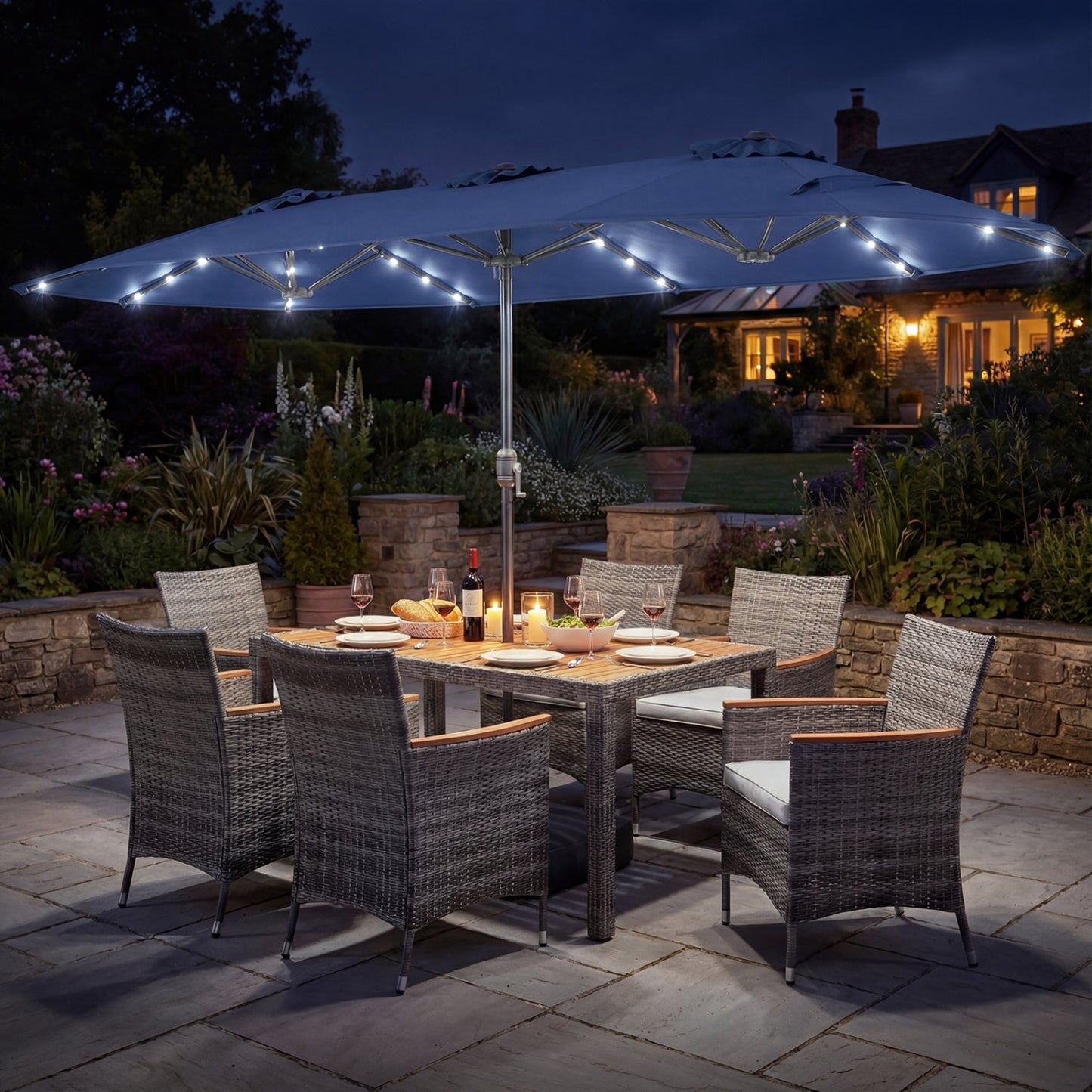 Costway 8-Pc Outdoor Wicker Dining Furniture Set w/ 13.5' Double-Sided Patio Umbrella Orange 23672016 New