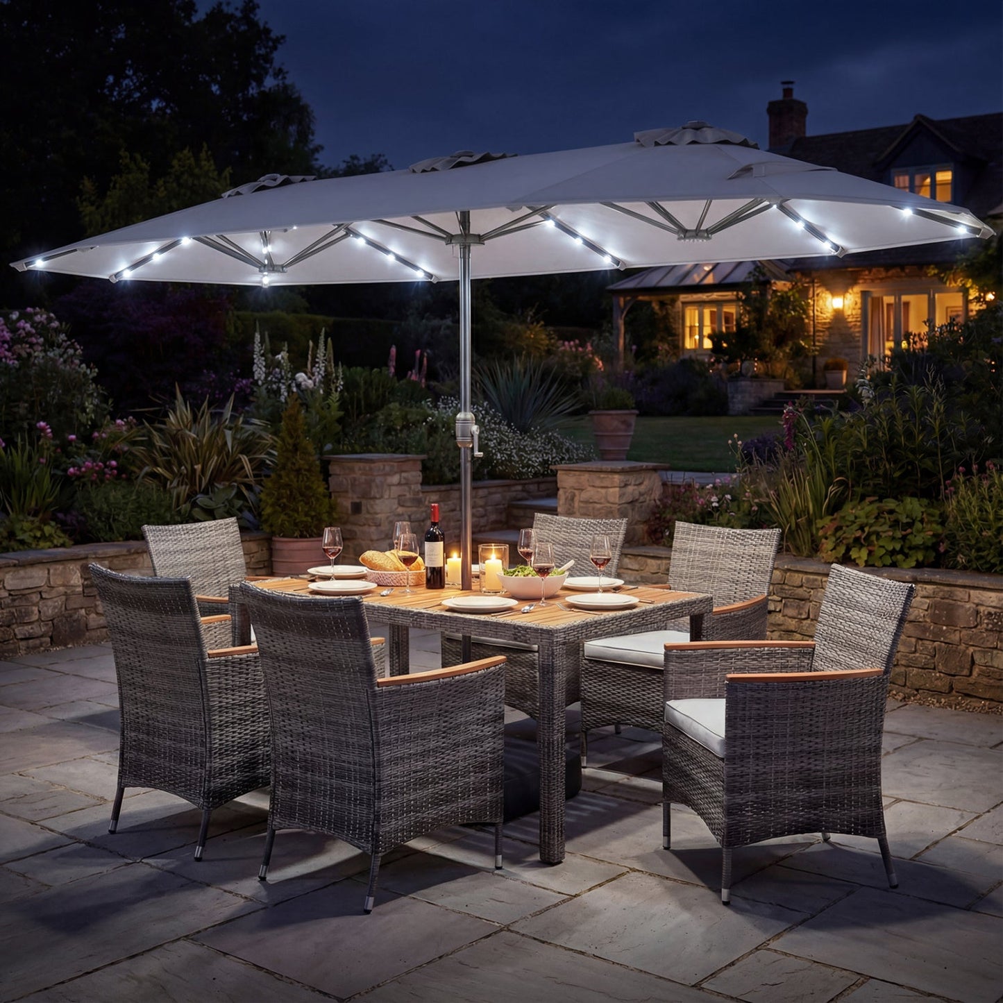 Costway 8-Pc Outdoor Wicker Dining Furniture Set w/ 13.5' Double-Sided Patio Umbrella Orange 23672016 New