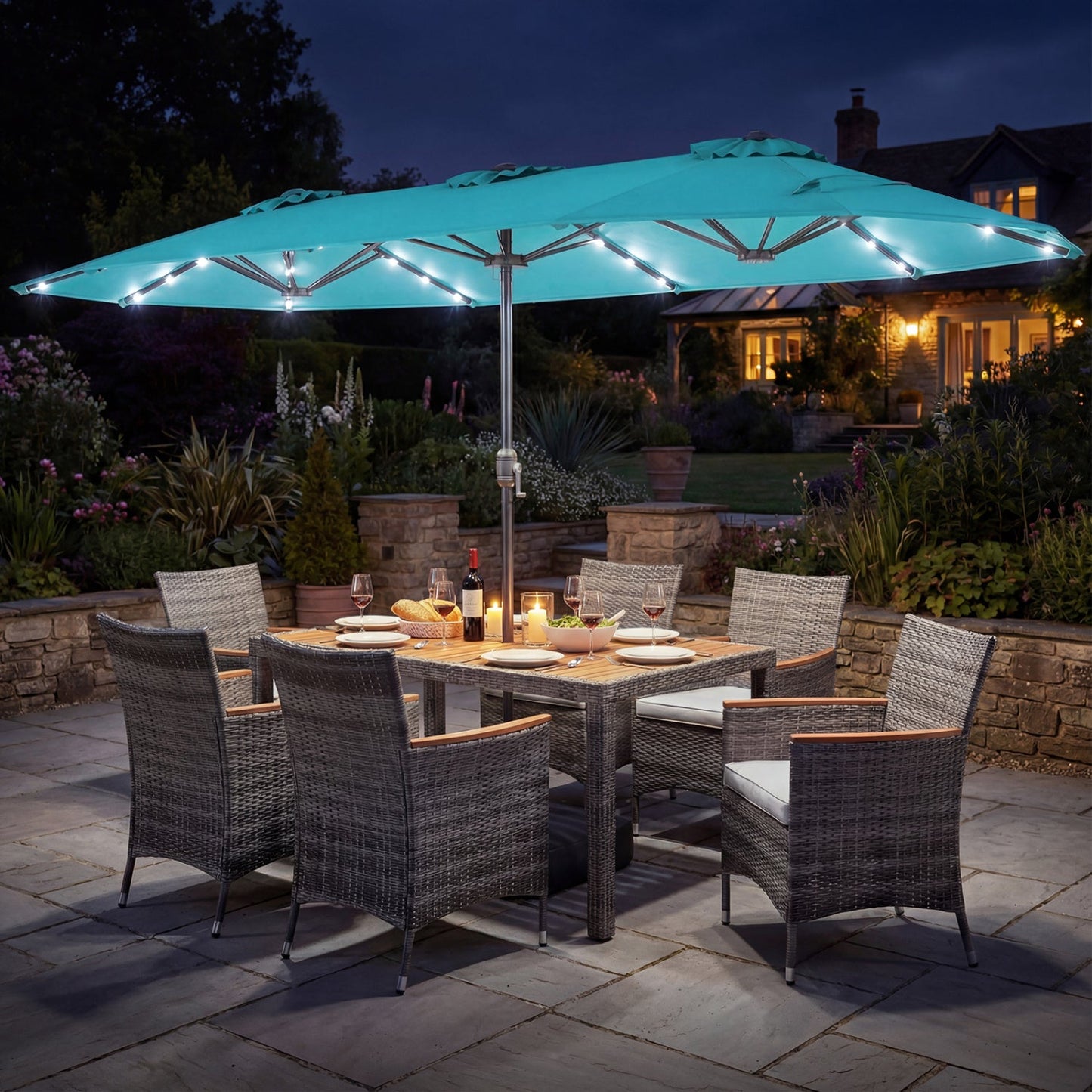 Costway 8-Pc Outdoor Wicker Dining Furniture Set w/ 13.5' Double-Sided Patio Umbrella Orange 23672016 New