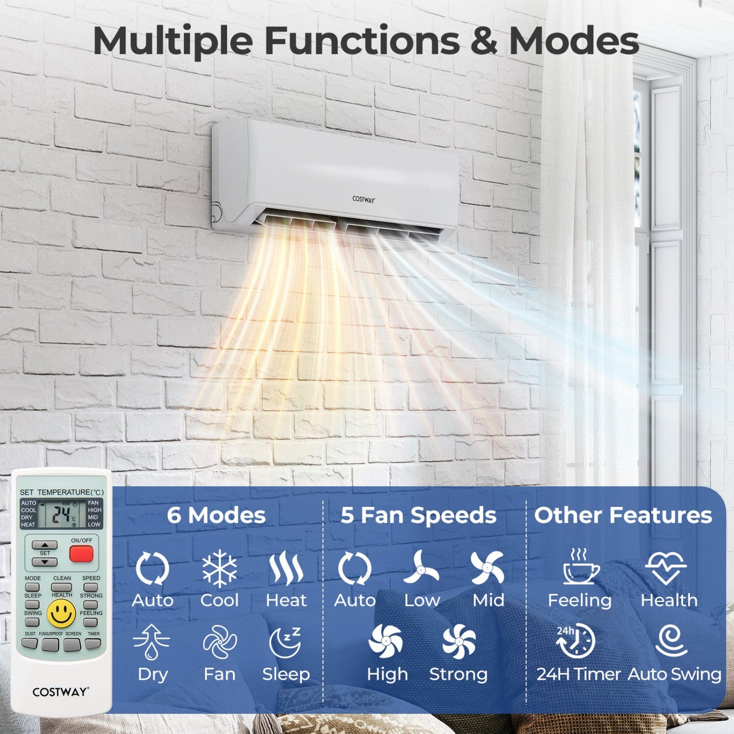 Costway 24000 BTU 3 Zone Mini Split Air Conditioner Heat Pump WiFi 23 SEER2 UltrEco Series 12021109 New