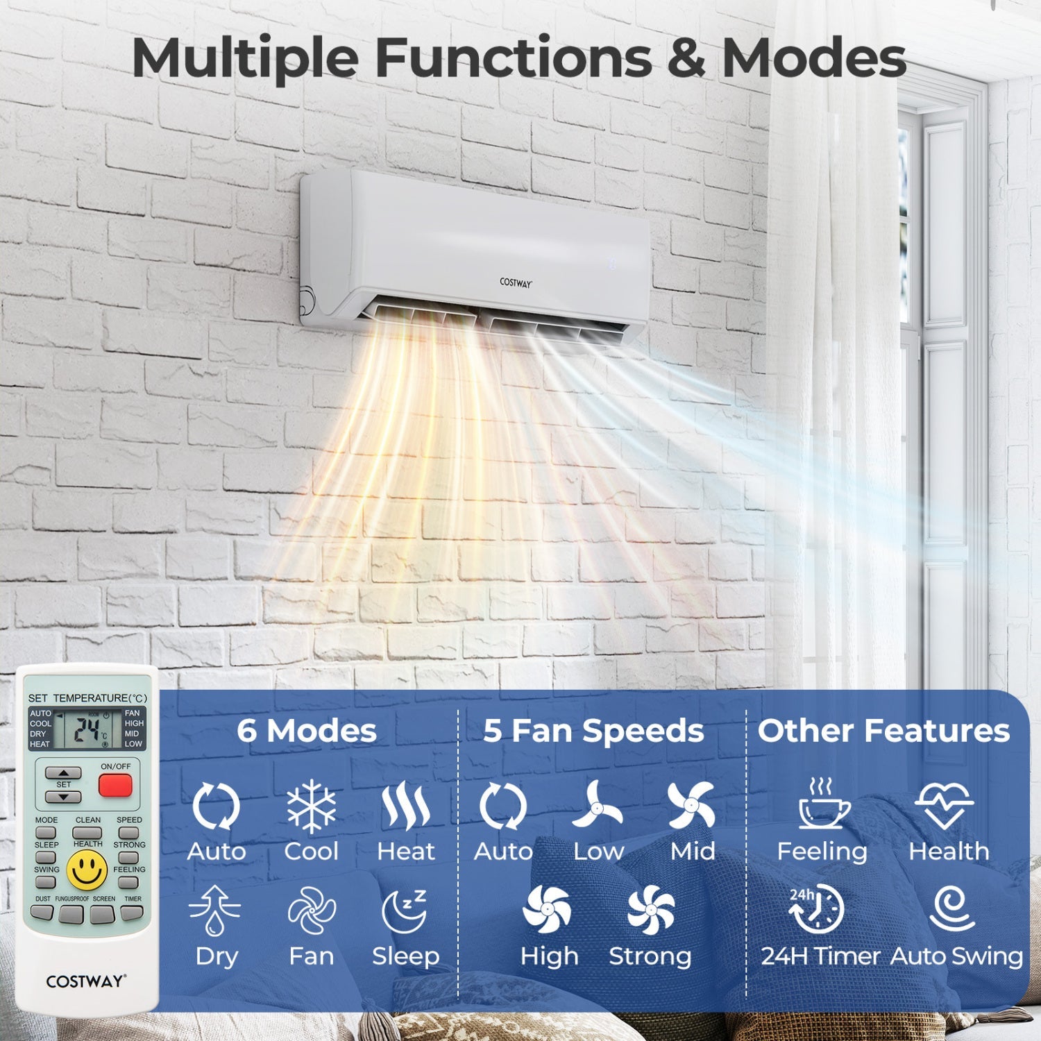 Costway 24000 BTU 3 Zone Mini Split Air Conditioner Heat Pump WiFi 23 SEER2 UltrEco Series 12021109 New
