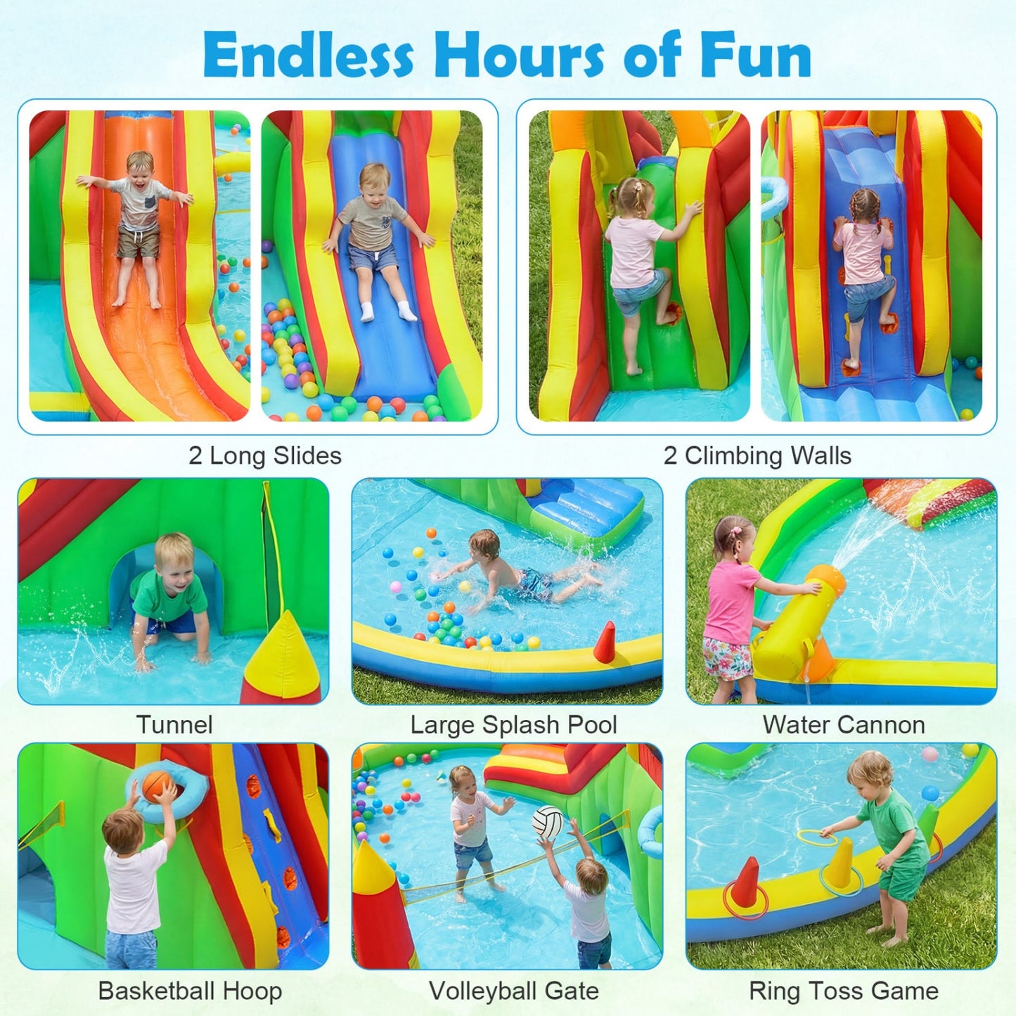 Costway 8-in-1 Giant Bounce House Water Park w/ 2 Long Slides & 750W Blower 54665035 New