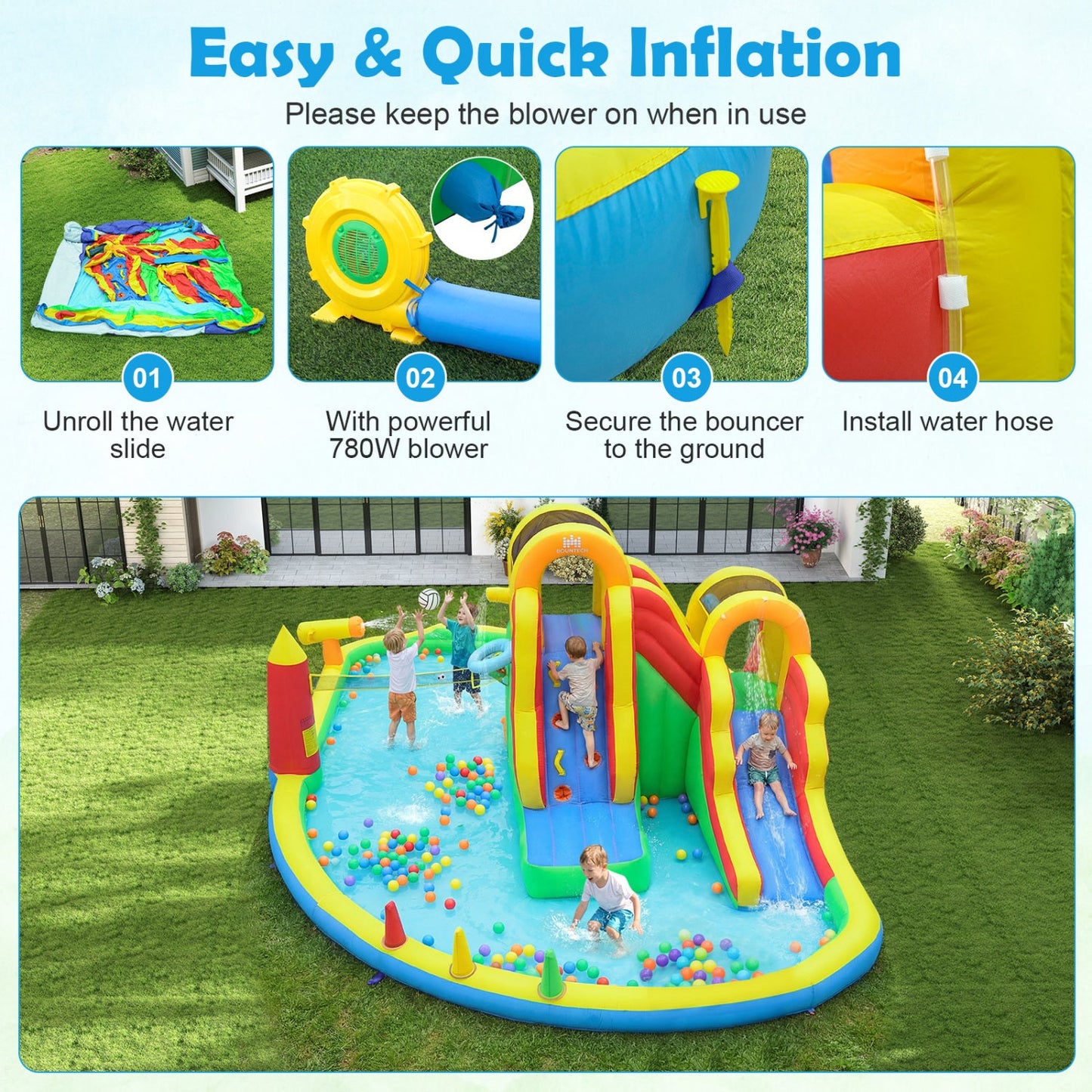 Costway 8-in-1 Giant Bounce House Water Park w/ 2 Long Slides & 780W Blower 23594418 New