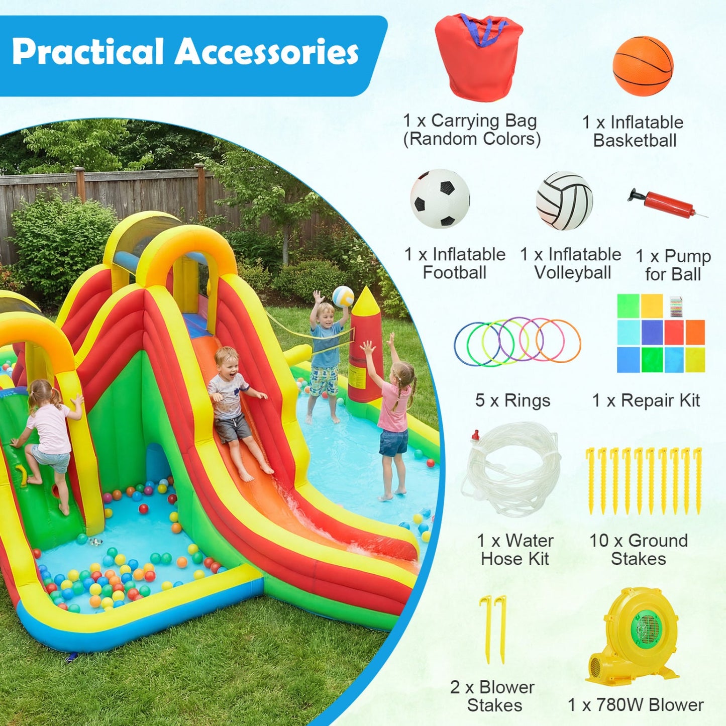Costway 8-in-1 Giant Bounce House Water Park w/ 2 Long Slides & 780W Blower 23594418 New