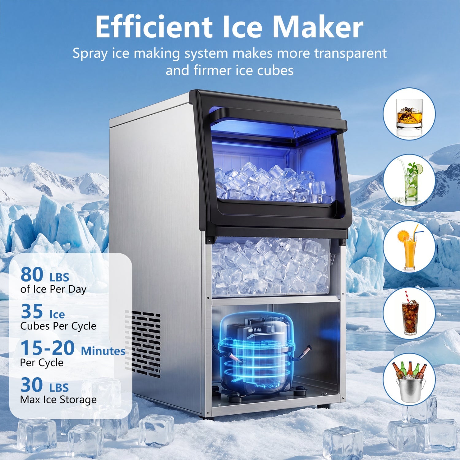 Costway 80 lbs/Day Stainless Steel Clear Spray Ice Maker 77506645 New