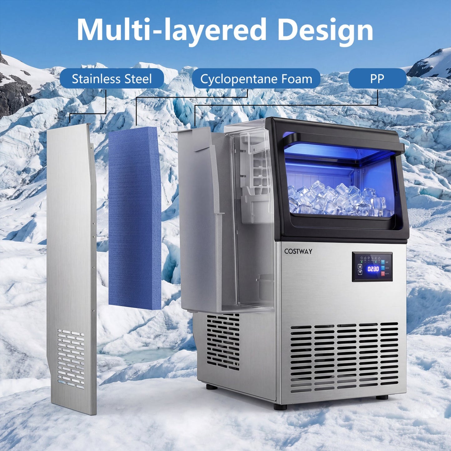 Costway 80 lbs/Day Stainless Steel Clear Spray Ice Maker 77506645 New