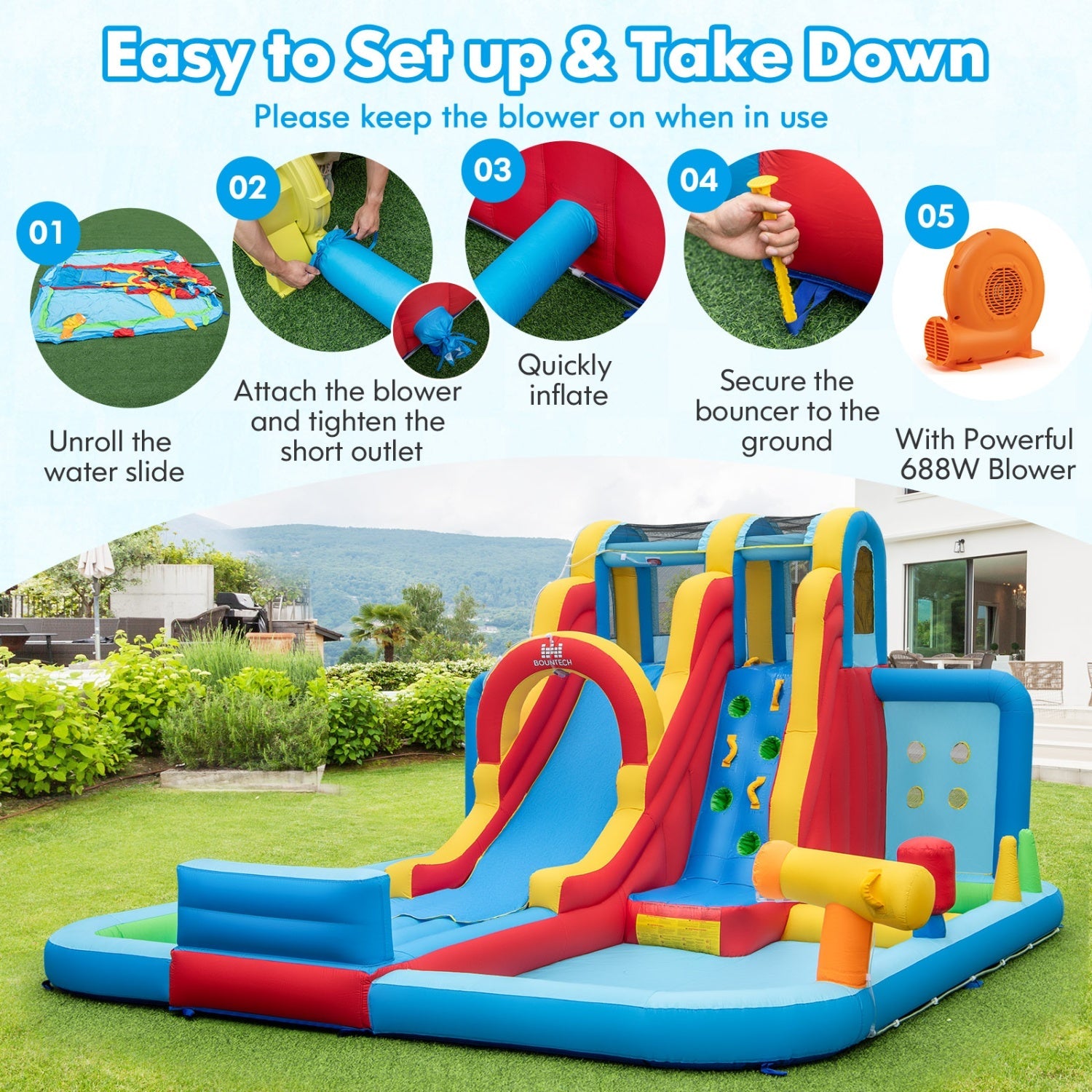 Costway 6-Pc Patio Rattan Furniture Inflatable Water Slide Park w/ 680W Blower 84924945 New