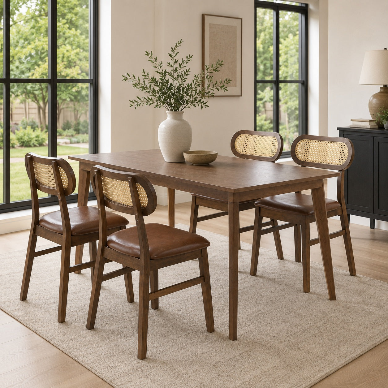 Costway 48" Dining Table Set for 4 w/ Rattan Chairs Mid Century Kitchen Dining Room 44356782 New