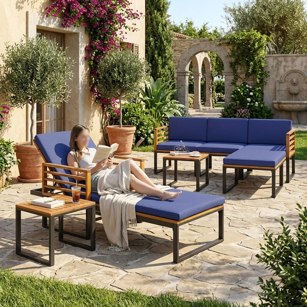 Costway 7-Piece Acacia Wood Patio Furniture Set w/ Adjustable Chaise Lounge & Sofa 62260379 New