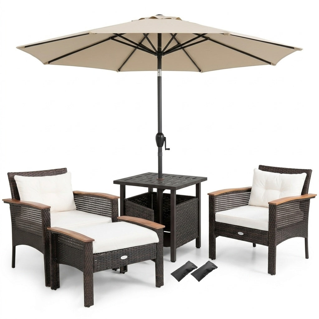 Costway 3-Pc Patio Lounge Set PE Rattan Conversation Set Umbrella Table 7.5' Tilt Market Umbrella 42797844 New