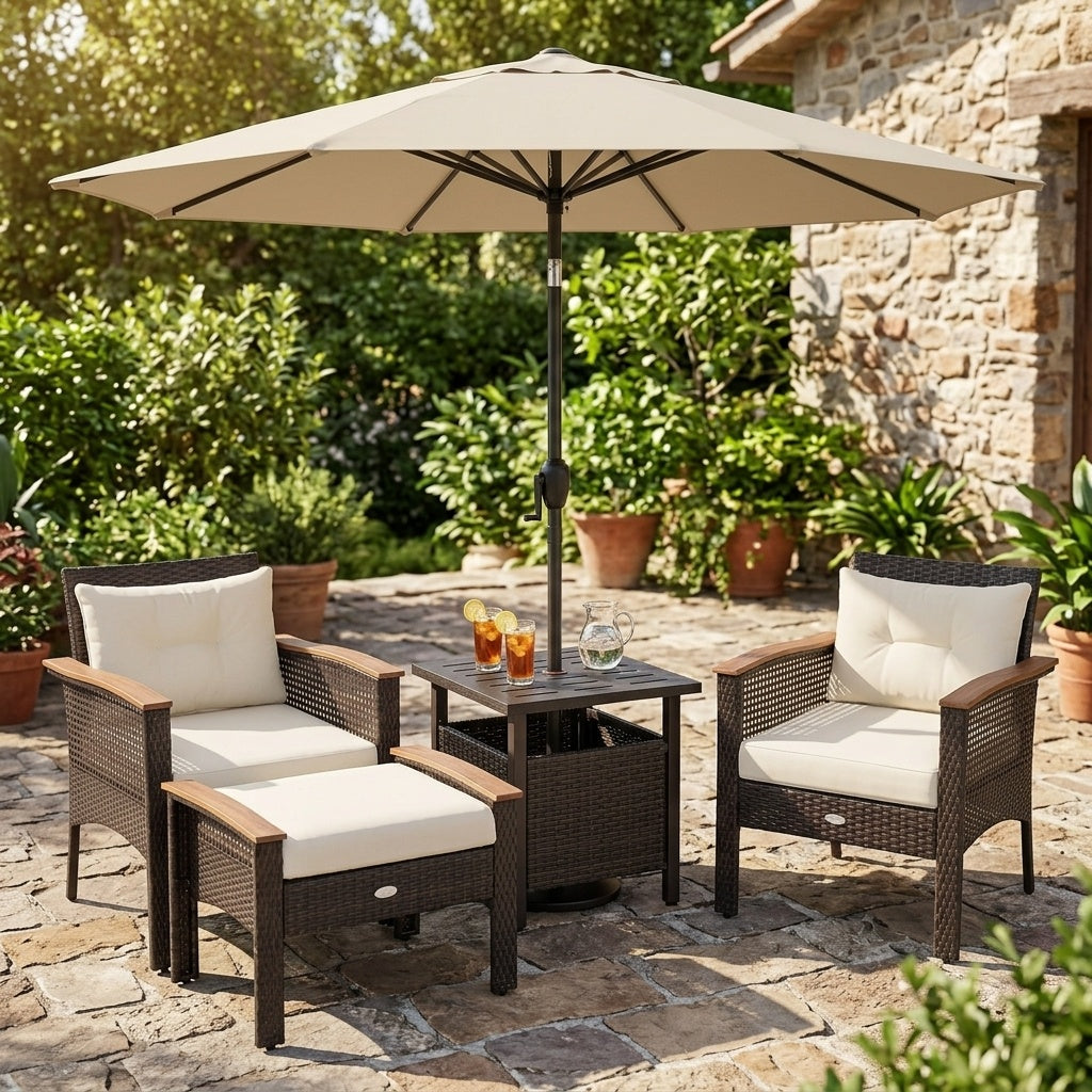 Costway 3-Pc Patio Lounge Set PE Rattan Conversation Set Umbrella Table 7.5' Tilt Market Umbrella 42797844 New