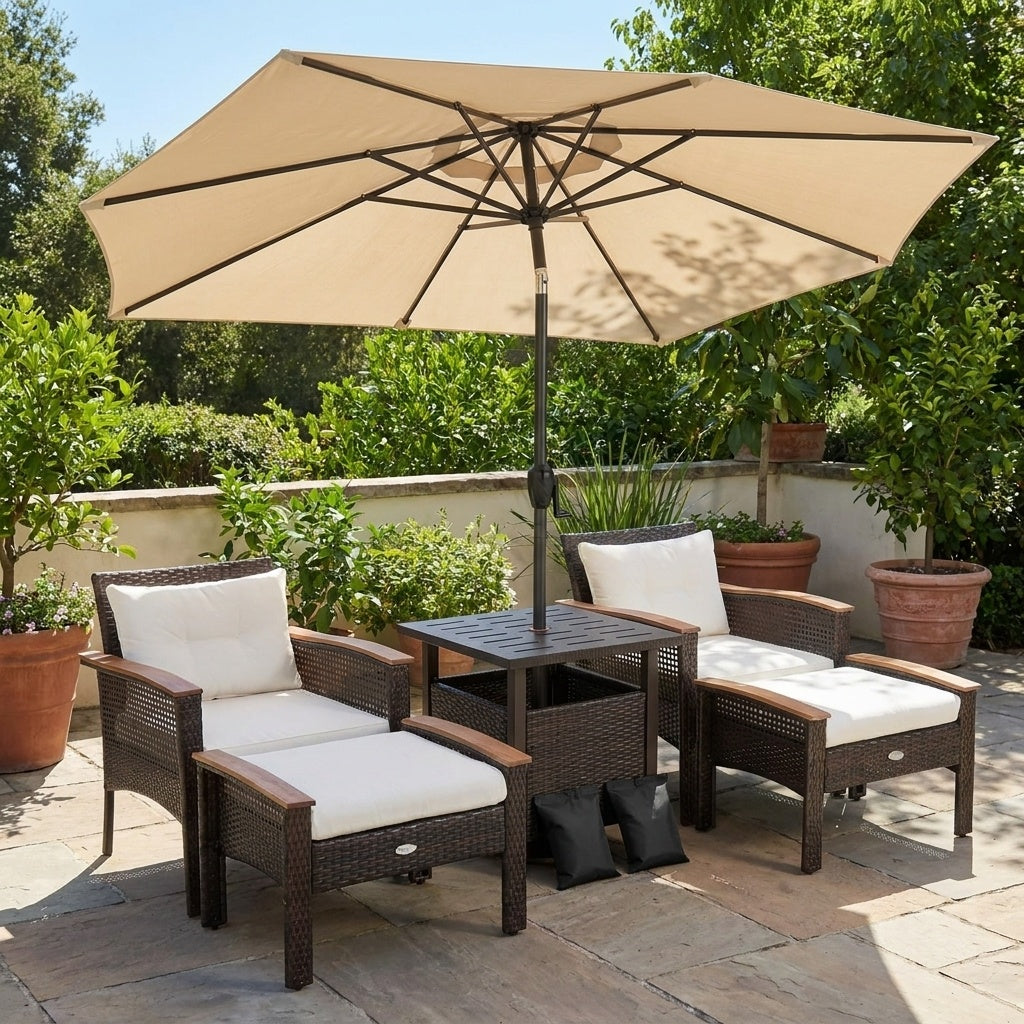 Costway 3-Pc Patio Lounge Set PE Rattan Conversation Set Umbrella Table 7.5' Tilt Market Umbrella 42797844 New