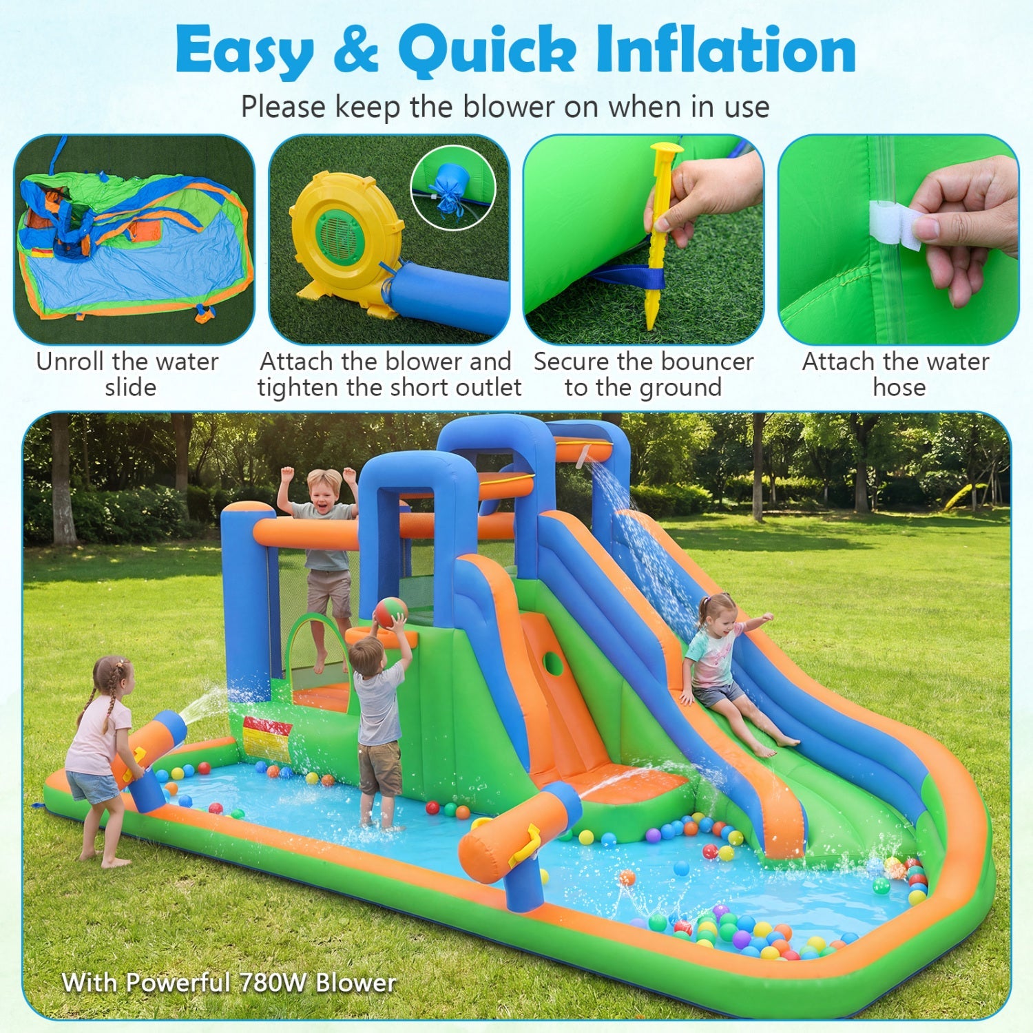 Costway Inflatable Water Slide Park w/ 780W Blower Splash Pool 40357348 New