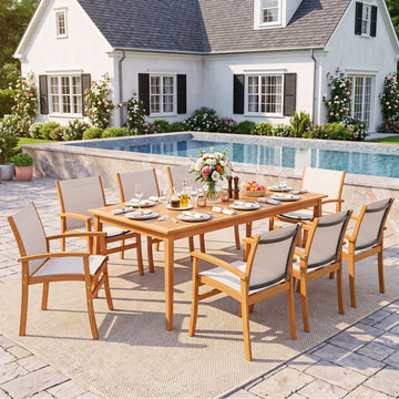 Costway 9-Piece Acacia Wood Outdoor Patio Dining Set 80" Rectangular Table Fabric Armchairs 89230143 New