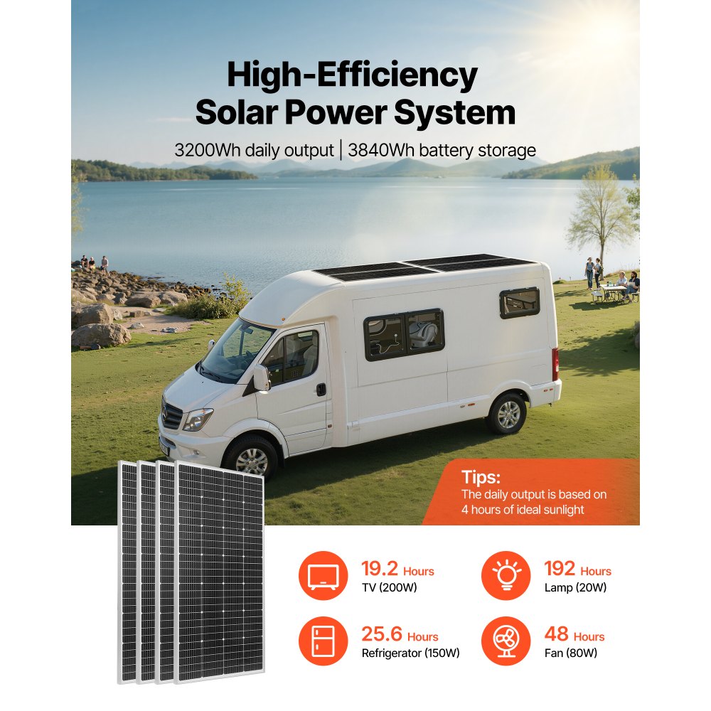 Vevor Solar Power Kit 800W 12V Complete Off-Grid System with 4 x 200W Monocrystalline Panels, 300Ah LiFePO4 Battery, 60A MPPT Controller & 2000W Inverter New