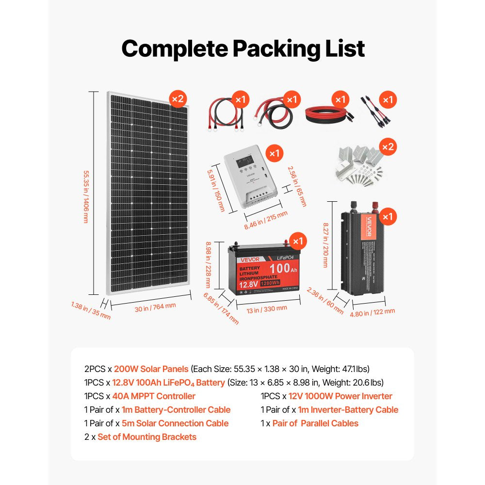 Vevor Solar Power Kit 400W 12V Complete Off-Grid System for RV Home Camping Boats New