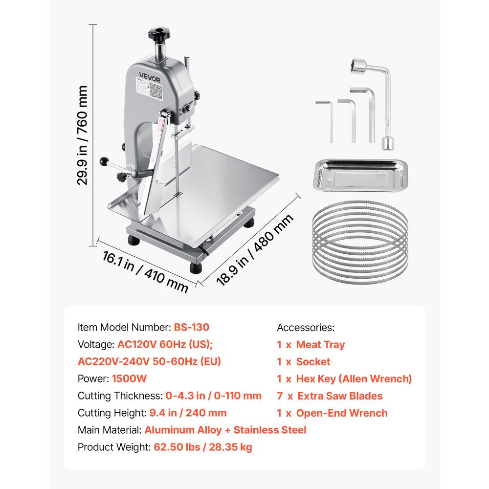 Vevor Meat Bandsaw Commercial Electric Bone Saw Machine 1500W New